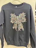 Christmas Sweatshirt Black Sweatshirt with Multi Color Checked Bow Size Small