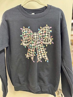 Christmas Sweatshirt Black Sweatshirt with Multi Color Checked Bow Size Small