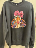 Thanksgiving Sweatshirt Black Turkey with Pink Bow Size Large
