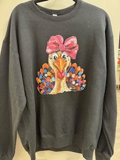Thanksgiving Sweatshirt Black Turkey with Pink Bow Size Large