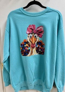 Thanksgiving Sweatshirt Turquoise with Turkey and Pink Bow Size Large