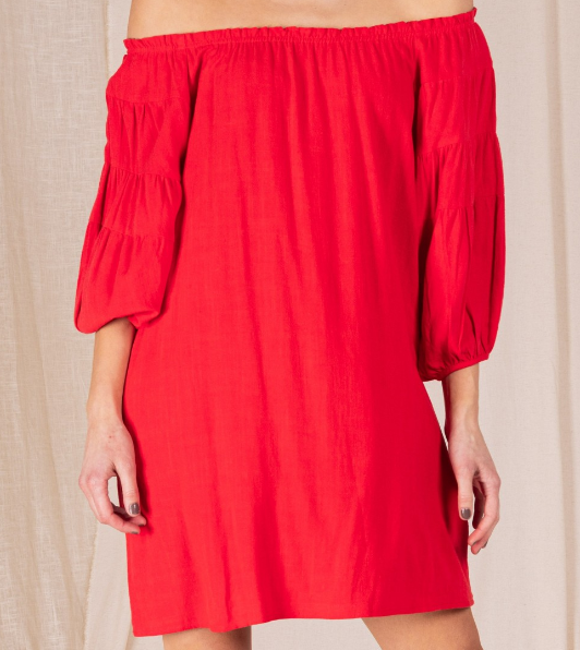 LINEN BOHO OFF SHOULDER DRESS SMALL