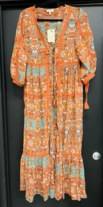 EASEL PRINTED CHIFFON LACE KIMONO FADED RUST SMALL