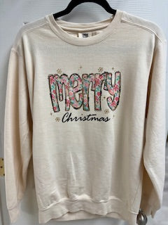 Christmas Sweatshirt Cream with Merry Christmas Floral Size Small