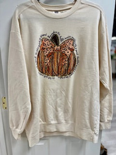Thanksgiving Sweatshirt Cream with Pumpkin and Words of Affirmation Size Large