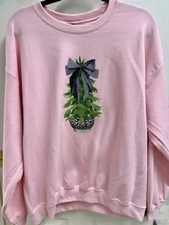 Christmas Sweatshirt Black Sweatshirt with Topiary Tree with Black Bow Size Large