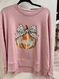 Fall Sweatshirt Pink Split Side/Lower Pumpkin with Cheetah Print Bow Graphic Size Large